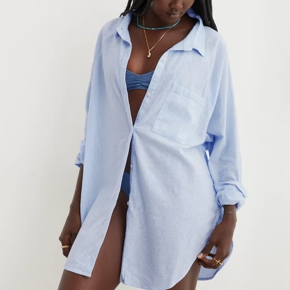 Aerie Light Blue Linen Blend Oversized Button Down Shirt Large